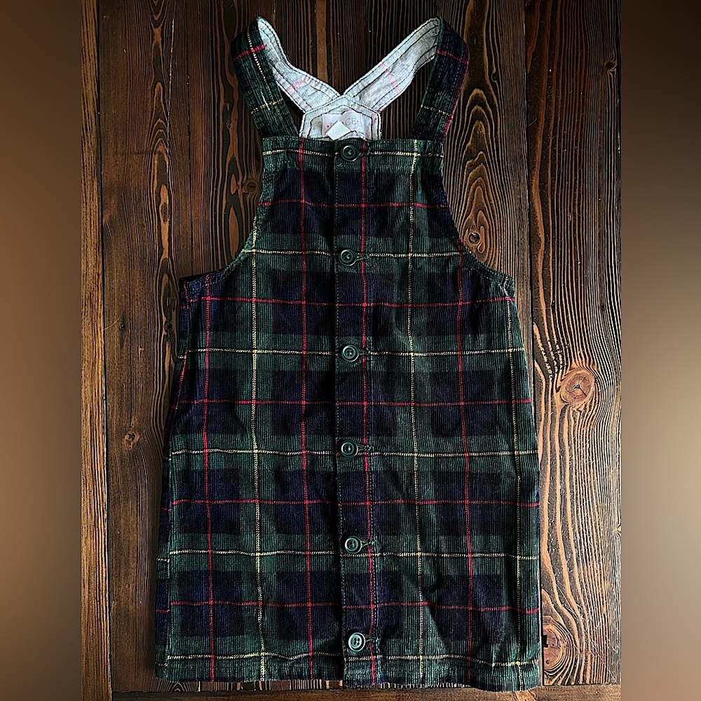 5/$20 Kids • Children's Place Green Plaid Corduroy Skirtall Jumper Spruce Shade